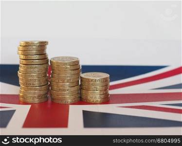 Pound coins, United Kingdom over flag. Pound coins money (GBP), currency of United Kingdom, over the Union Jack