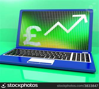 Pound Sign And Up Arrow On Laptop For Earnings Or Profit. Pound Sign And Up Arrow On Laptop Shows Earnings Or Profit