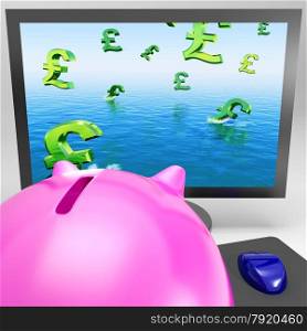 Pound Symbols Drowning On Monitor Shows Britain Crisis Or Recession