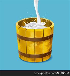 Pour milk in wooden bucket for dairy products, vector illustration design.