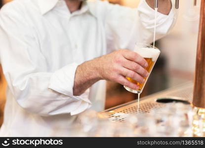 Pouring beer for client. Bartender pouring beer while standing at the bar counter .. Pouring beer for client. Bartender pouring beer while standing at the bar counter.