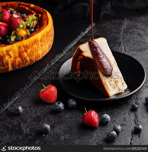 Pouring chocolate on delicious cheesecake and berries