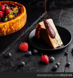 Pouring chocolate on delicious cheesecake and berries