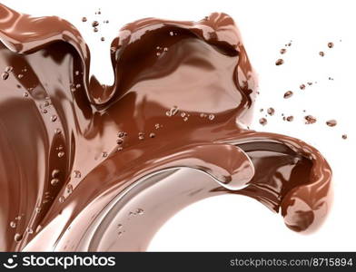 Pouring chocolate wave or flow splash, hot melted milk chocolate sauce or syrup, cocoa drink or cream, abstract dessert background, choco splash, drink dessert, isolated, 3d rendering