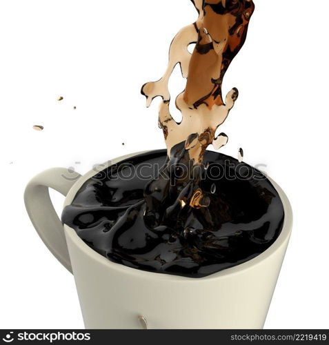 pouring coffee splashing into red mug. 3d on white background