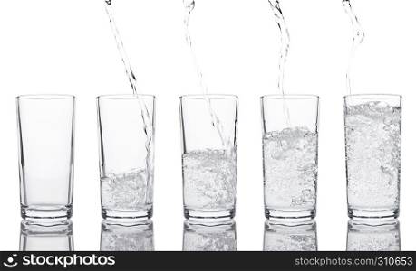 Pouring fresh healthy sparkling water to glass on white background