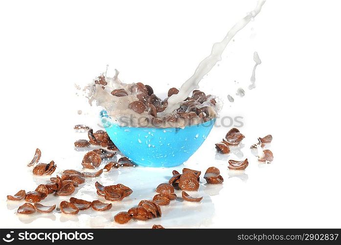 pouring milk in blue bowl with cornflakes