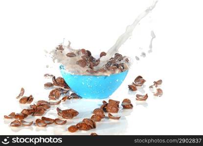 pouring milk in blue bowl with cornflakes