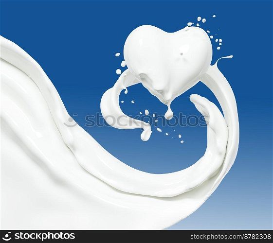 Pouring milk or yogurt in form of heart, splashing or wave, abstract flowing liquid background, isolated, 3d rendering