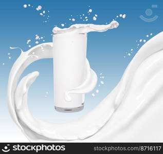 Pouring milk or yogurt in glass, splashing or wave, abstract flowing liquid background, isolated over blue, 3d rendering