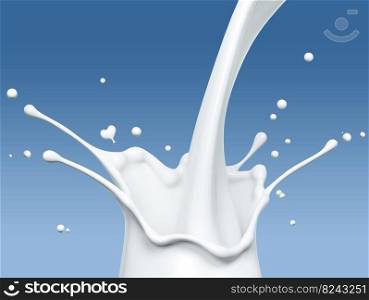 Pouring milk or yogurt, splash or wave, abstract flowing liquid background, isolated over blue, 3d rendering