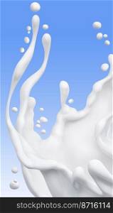 Pouring milk or yogurt, splash or wave, abstract flowing liquid background, isolated over blue, 3d rendering