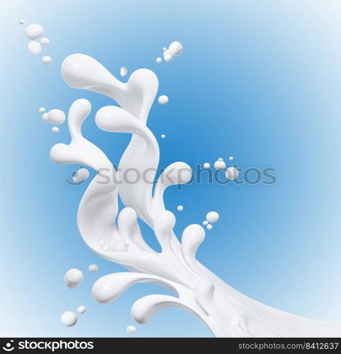 Pouring milk or yogurt, splashing or wave, abstract flowing liquid background, isolated over blue, 3d rendering