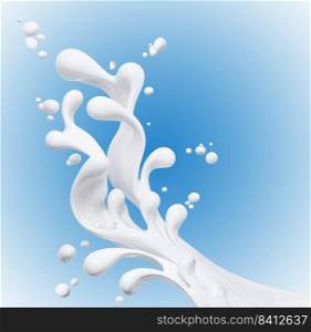Pouring milk or yogurt, splashing or wave, abstract flowing liquid background, isolated over blue, 3d rendering