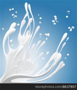 Pouring milk or yogurt, splashing or wave, abstract flowing liquid background, milk drops and splatters, isolated, 3d rendering