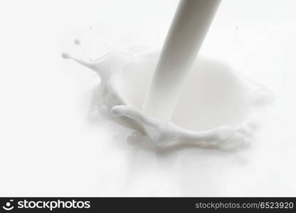 Pouring milk splash close-up on white background. Pouring milk splash