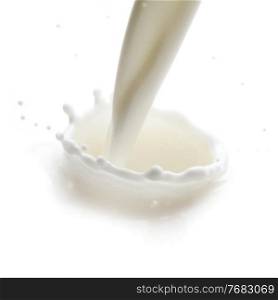 Pouring milk splash isolated on white background macro. Pouring milk splash