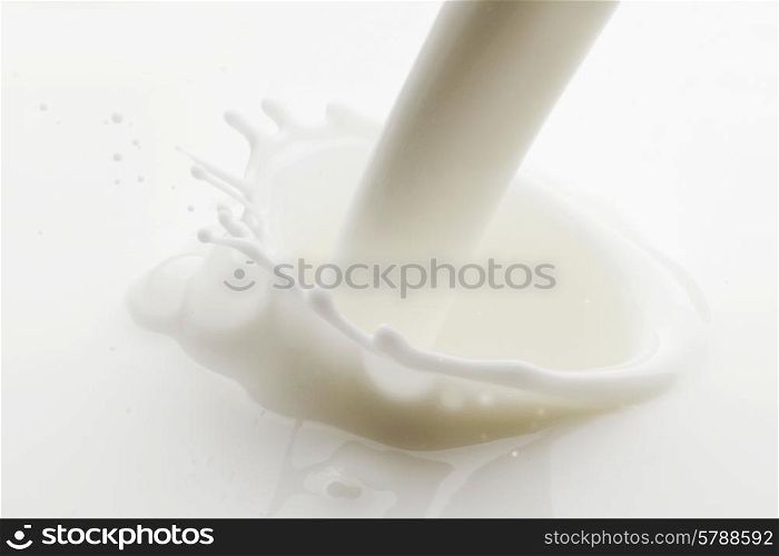 Pouring milk splash on white background macro. Pouring milk splash