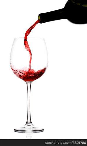 pouring red wine into wine glass on reflective surface