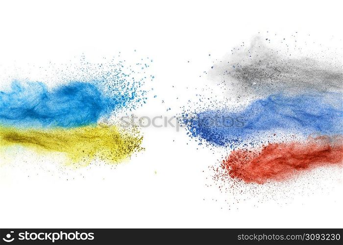 Powder explosion in colors of Ukraine and Russia flags isolated on white background. War conflict theme