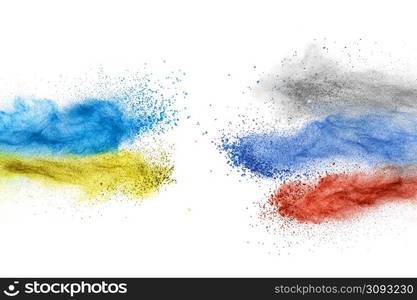 Powder explosion in colors of Ukraine and Russia flags isolated on white background. War conflict theme