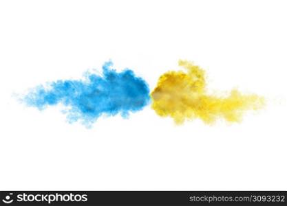 Powder explosion in colors of Ukraine flag isolated on white background. Stand with Ukraine, solidarity theme