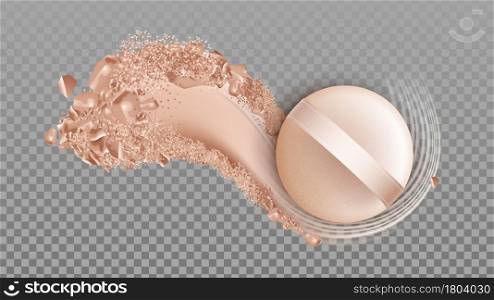 Powder Face Skin Care Cosmetic And Sponge Vector. Powder Make-up Smear And Applicator Beauty Accessory. Cosmetology Product, Eye Shadow Organic Substance Template Realistic 3d Illustration. Powder Face Skin Care Cosmetic And Sponge Vector