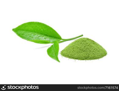 powder green tea with green tea leaf on white background.