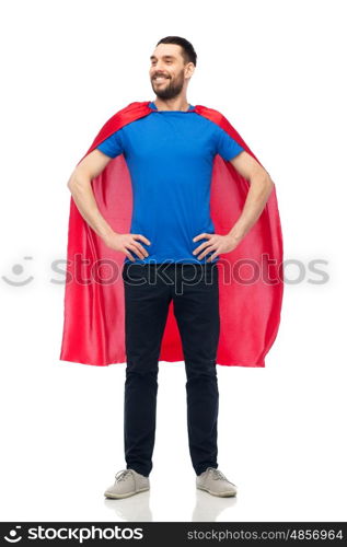 power and people concept - happy man in red superhero cape over white. happy man in red superhero cape