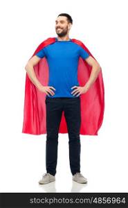 power and people concept - happy man in red superhero cape over white. happy man in red superhero cape