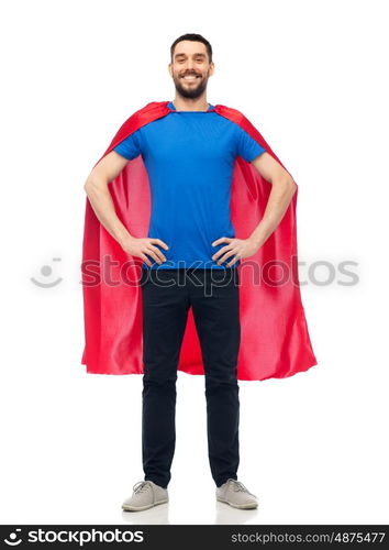 power and people concept - happy man in red superhero cape over white. happy man in red superhero cape