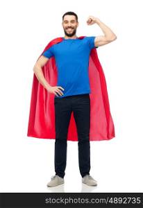 power and people concept - happy man in red superhero cape over white. happy man in red superhero cape