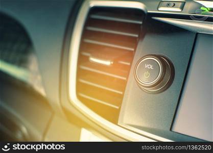 Power button control switch of head unit multimedia audio in luxury car,Automotive part concept.