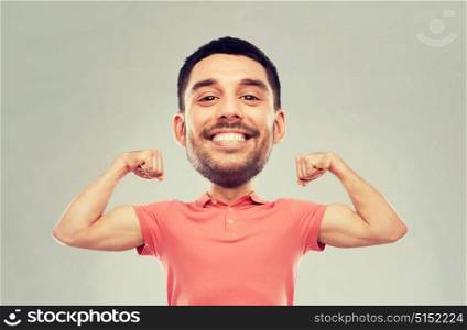 power, fitness, strength, sport and people concept - happy smiling young man showing biceps over gray background (funny cartoon style character with big head). smiling man showing biceps over gray background