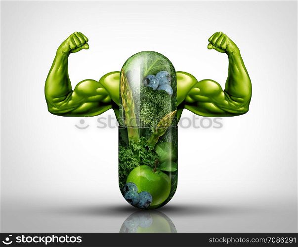 Power food supplement concept as a giant pill or medicine capsule with fresh fruit and vegetables inside on a table place setting as a nutrition and dietary symbol for good eating lifestyle with 3D illustration elements.