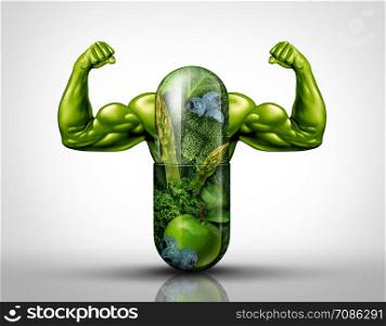 Power food supplement concept as a giant pill or medicine capsule with fresh fruit and vegetables inside on a table place setting as a nutrition and dietary symbol for good eating lifestyle with 3D illustration elements.