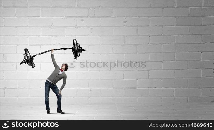 Power in good idea. Confident businessman lifting above head barbell with light bulbs