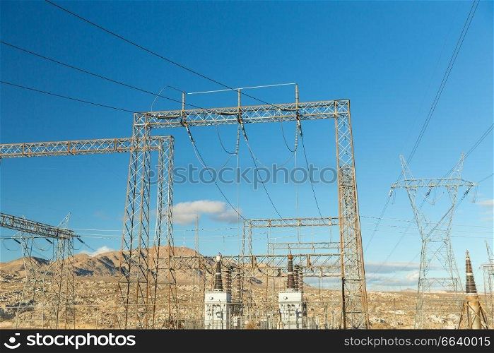 power line and electricity concept - transmission towers in united states of america. transmission towers and power line