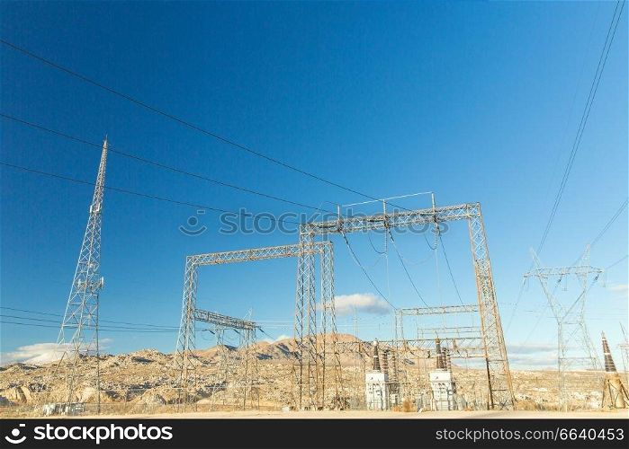 power line and electricity concept - transmission towers in united states of america. transmission towers and power line