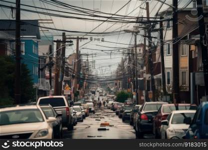 power line hanging dangerously above a busy street, created with generative ai. power line hanging dangerously above a busy street