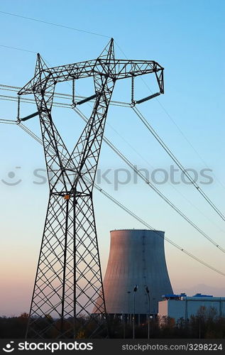 Power line in front of a nuclear power plant