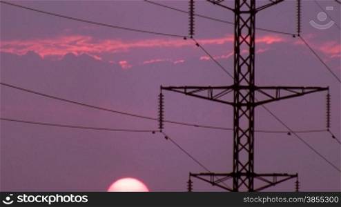 Power Lines in Sunrise. Time Lapse without birds and defects.