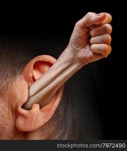 Power of being listened to and being heard as a social psychology concept of communication respect fighting for the rights of people and emotions as an arm with a fist emerging out of a human ear.