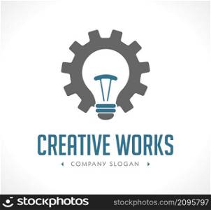 Power of engineering logo - working gears and light bulb as creation concept