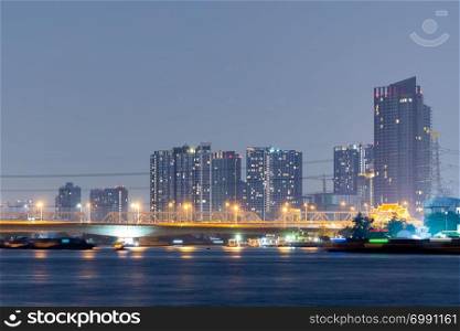Power plant in twilight time. Power plant near river in Bangkok city.