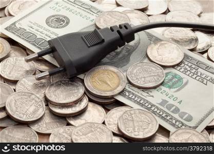 Power plug on bills and coins