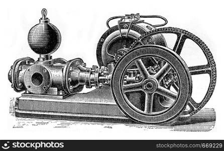 Power pump divers, vintage engraved illustration. Industrial encyclopedia E.-O. Lami - 1875.