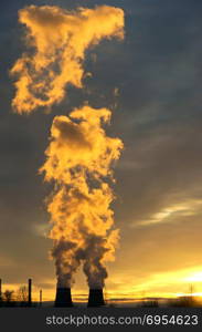 power, thermal, station, energy, plant, coal, electrical, steam, factory, industrial, smoke. thermal power station, thick with pipe smoke, the smoke from the chimneys at sunset