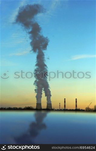 power, thermal, station, energy, plant, coal, electrical, steam, factory, industrial, smoke. thermal power station, thick with pipe smoke, the smoke from the chimneys at sunset