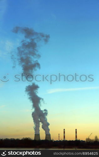 power, thermal, station, energy, plant, coal, electrical, steam, factory, industrial, smoke. thermal power station, thick with pipe smoke, the smoke from the chimneys at sunset